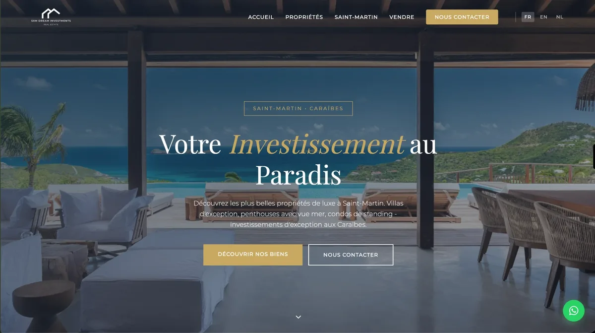 Page d'accueil du site SXM Dream Investments